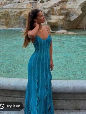 Rococo Sand Teal Vita  Slip Maxi Ruffle Dress S $495